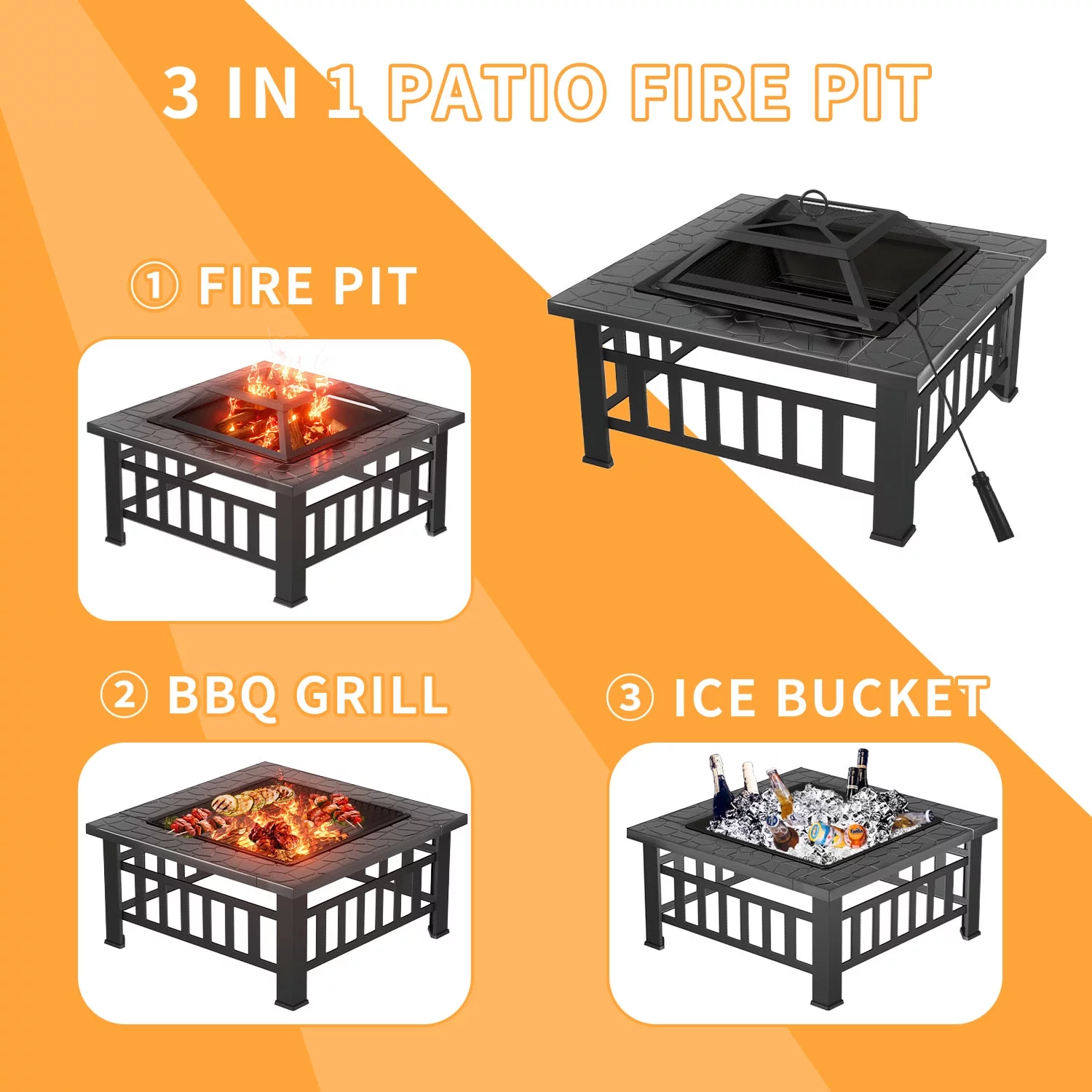 Lacoo 32 Patio Square Fire Pit Table for Patio Backyard BBQ, Ice Storage with Mesh Lid, Poker and Cover, Black
