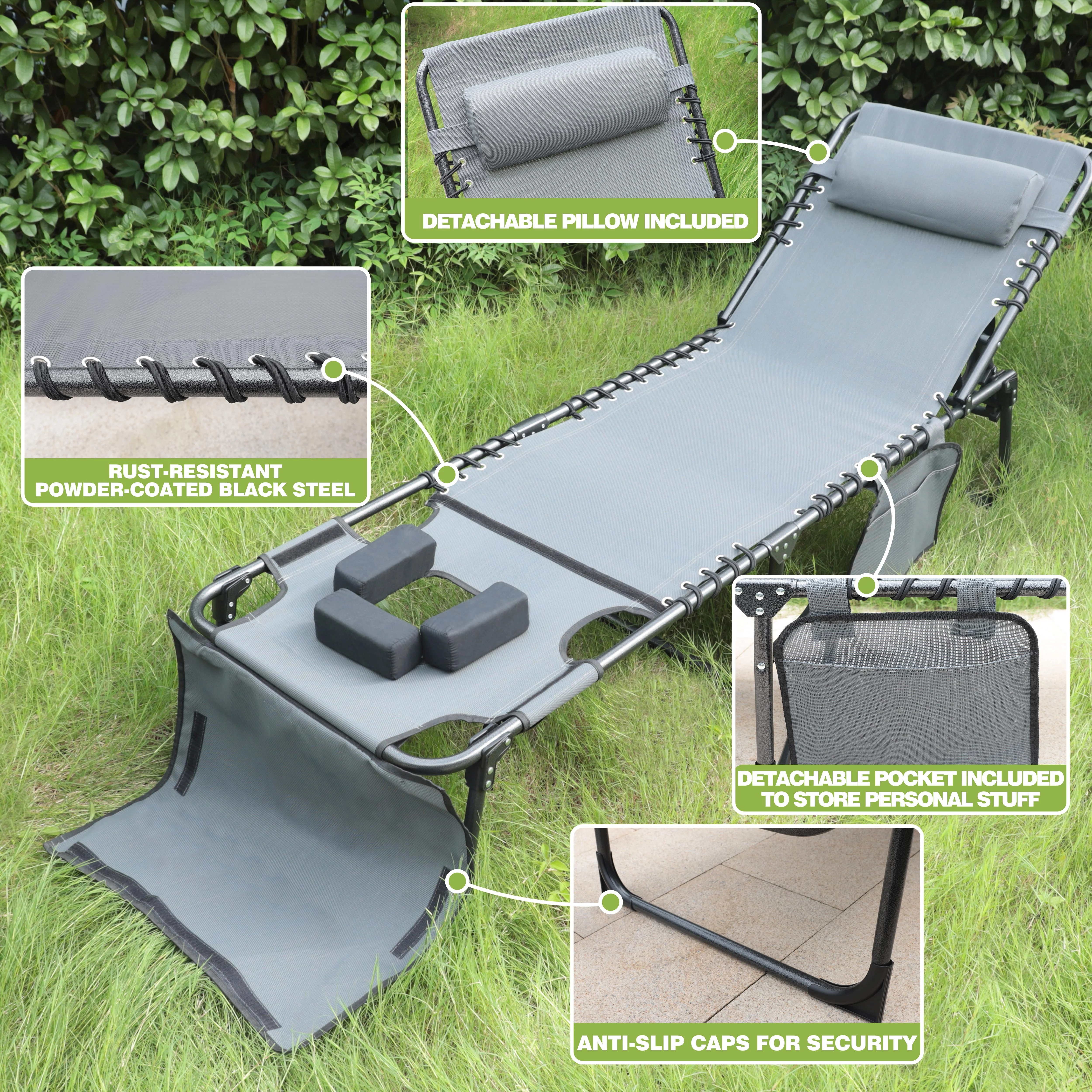 VEIKOUS Portable Tanning Chair, 5-Position Adjustable Sunbath Lounge Chair w/Face & Arm Hole, Pillow & Pocket, Deep Grey