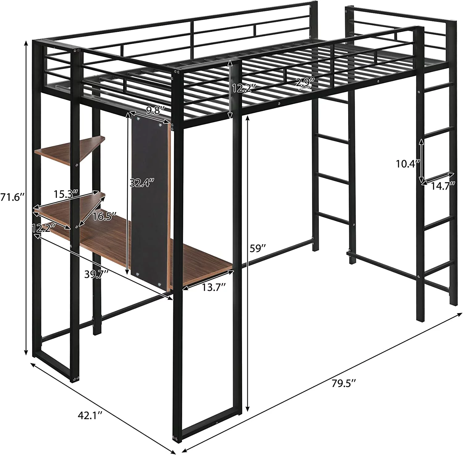 Metal High Loft Bed With Desk And Shelves. Industrial High Loft Bed For Adults