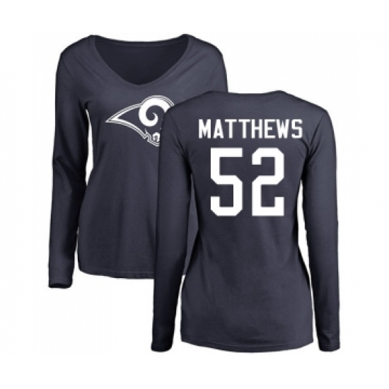 Football Women's Los Angeles Rams #52 Clay Matthews Navy Blue Name & Number Logo Slim Fit Long Sleeve T-Shirt