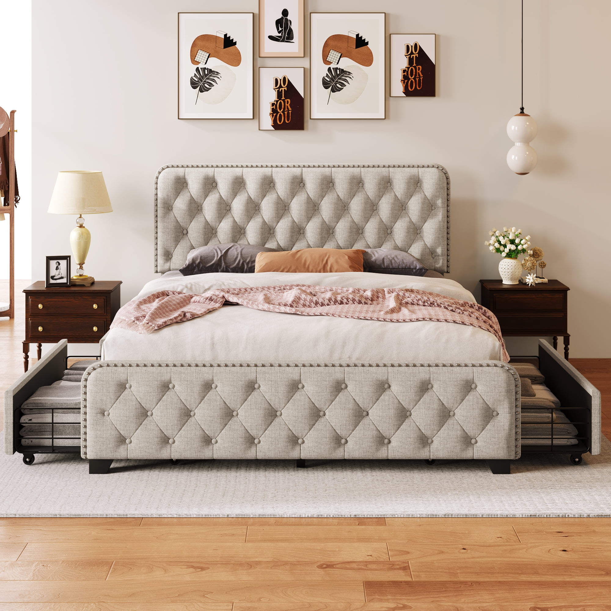 Upholstered Platform Bed Frame with Four Drawers. Button Tufted Headboard and Footboard Sturdy Metal Support. No Box Spring Required. Beige. Queen (Old sku:BS300279AAA)