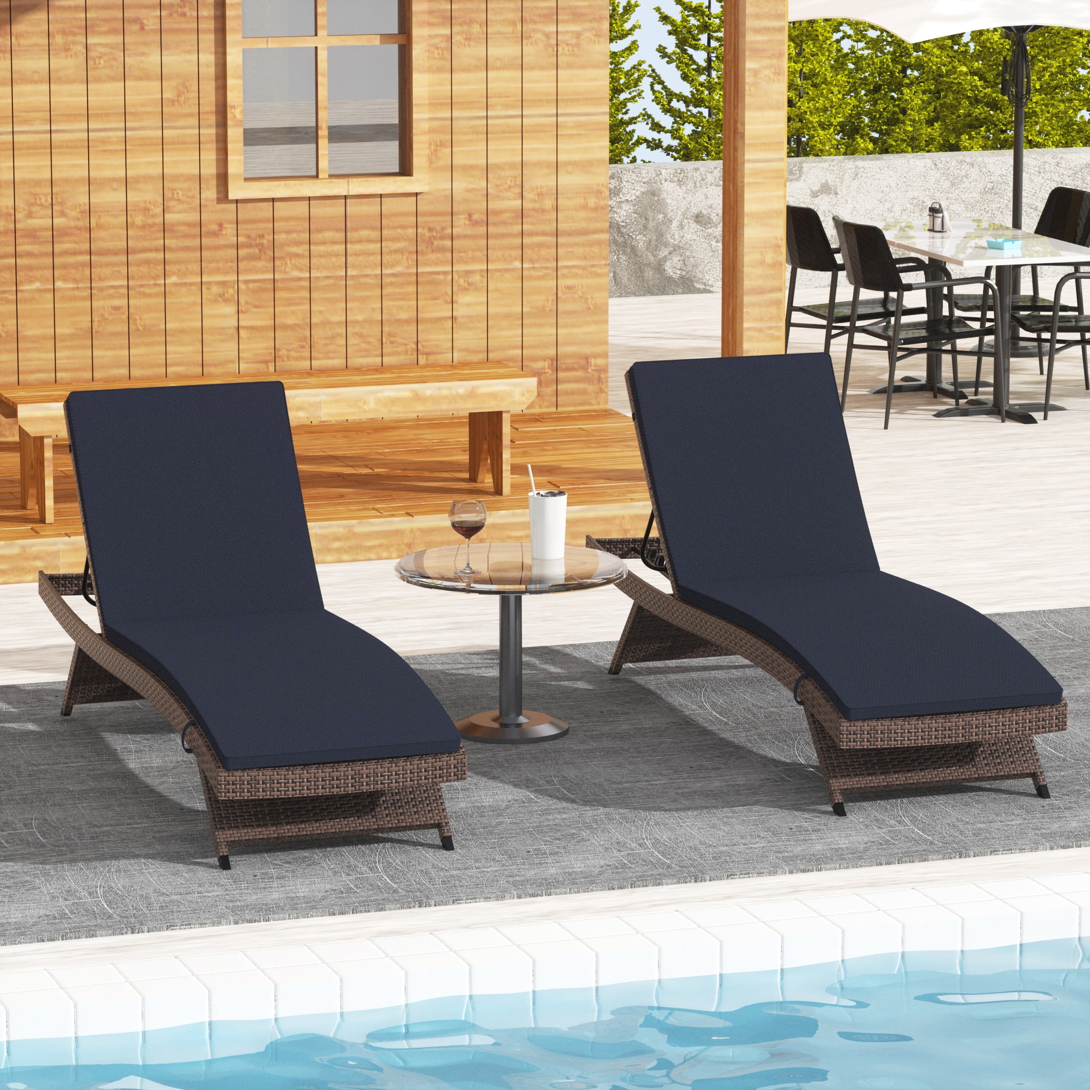 WestinTrends Somerset Wicker Outdoor Lounge Chairs Set of 2, All Weather PE Rattan Brown Double Chaise Lounge with Cushion, Curved Seat, 5 Position Recliner, Navy Blue - Curated Treasures Market