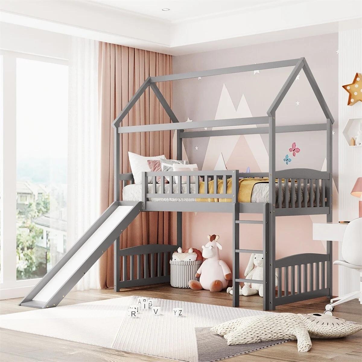 MERAX  Twin House Bed Loft Bed with Slide Grey - Curated Treasures Market