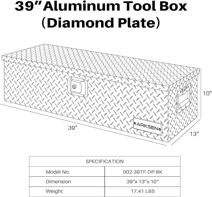 ARKSEN 39 inch Heavy Duty Aluminum Diamond Plate Tool Box, Truck Bed RV Trailer Toolbox Storage with Side Handle and Lock Keys - Curated Treasures Market