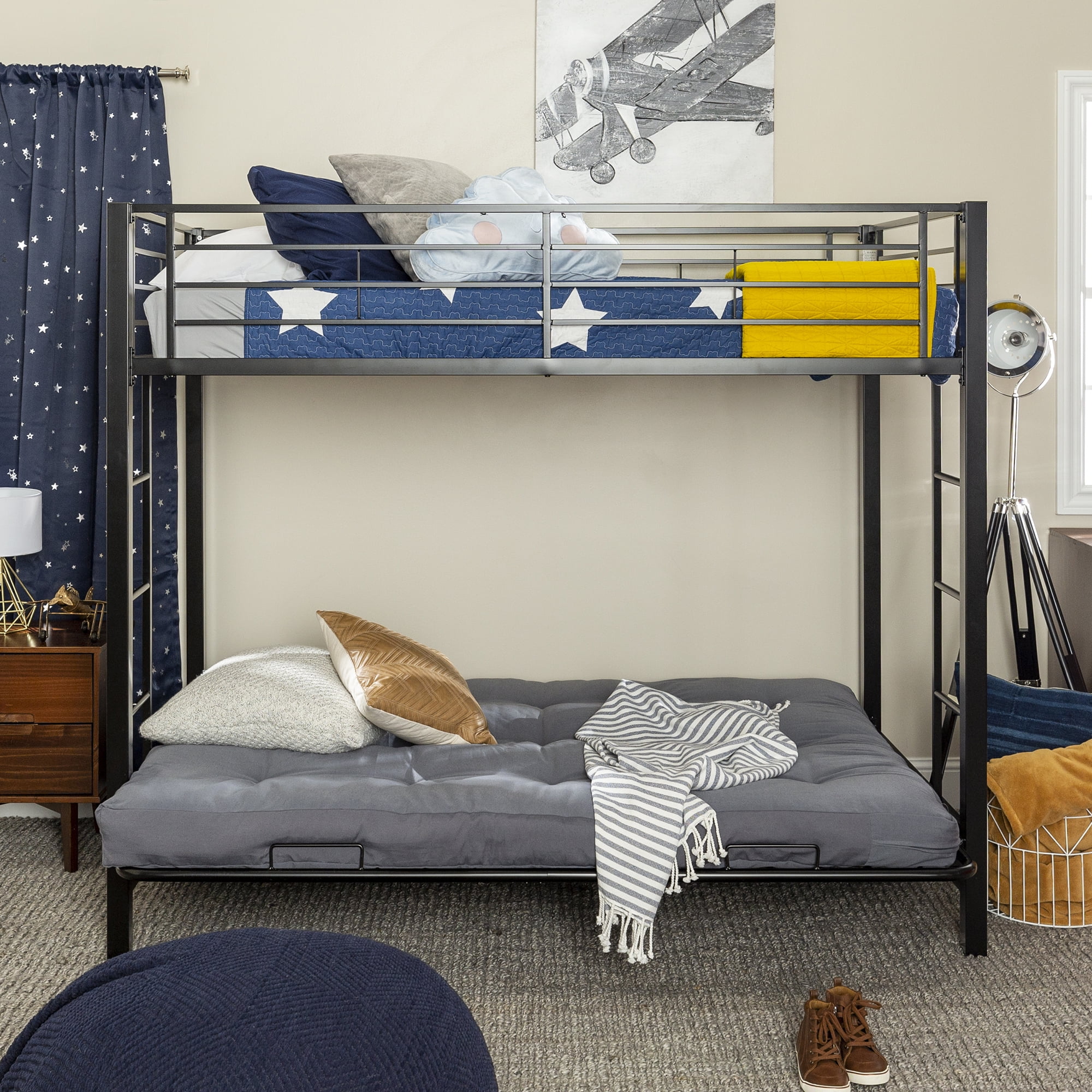 Walker Edison Premium Metal Twin Over Futon Bunk Bed - Black, Mattresses Not Included - Curated Treasures Market