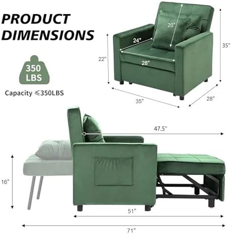 RUNFAYBIU Convertible Sofa Bed  Sleeper Sofa with Adjustable Backrest  Armchair  Sofa  Bed  3 in 1 Sleeper Chair  Single One  Yellow - Curated Treasures Market