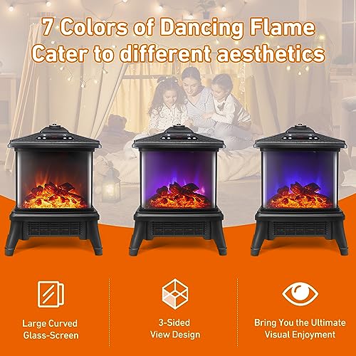 Portable Small Electric Fireplace Heater 3-Color Flame 900W Freestanding Space Heater Mini Electric Stove Heater 59-90℉ Thermostat 12h-Timer Remote Control Overheat&Tip-over Protect