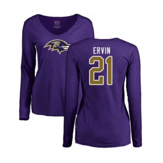 Football Women's Baltimore Ravens #21 Tyler Ervin Purple Name & Number Logo Long Sleeve T-Shirt