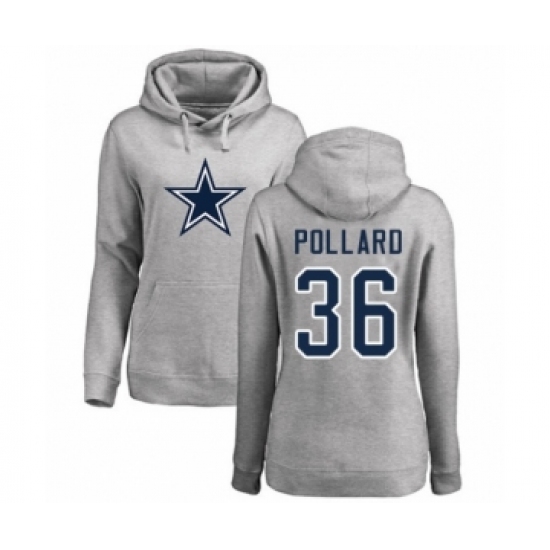 Football Women's Dallas Cowboys #36 Tony Pollard Ash Name & Number Logo Pullover Hoodie