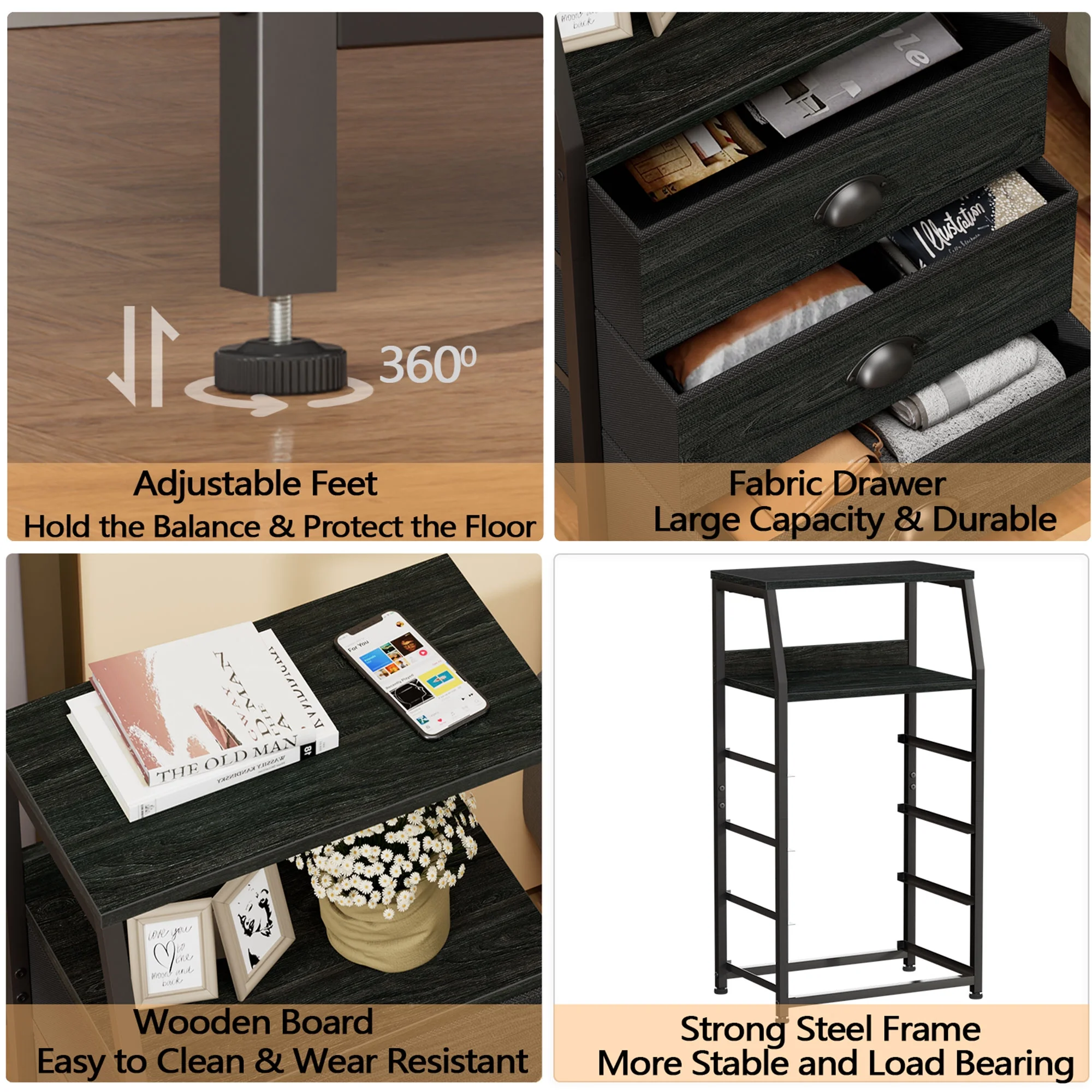 Furnulem White 4-Drawer Dresser Fabric, Adults Bedside Table, Sturdy Kids Bedroom Nightstand, Vertical Storage Tower for Living Room