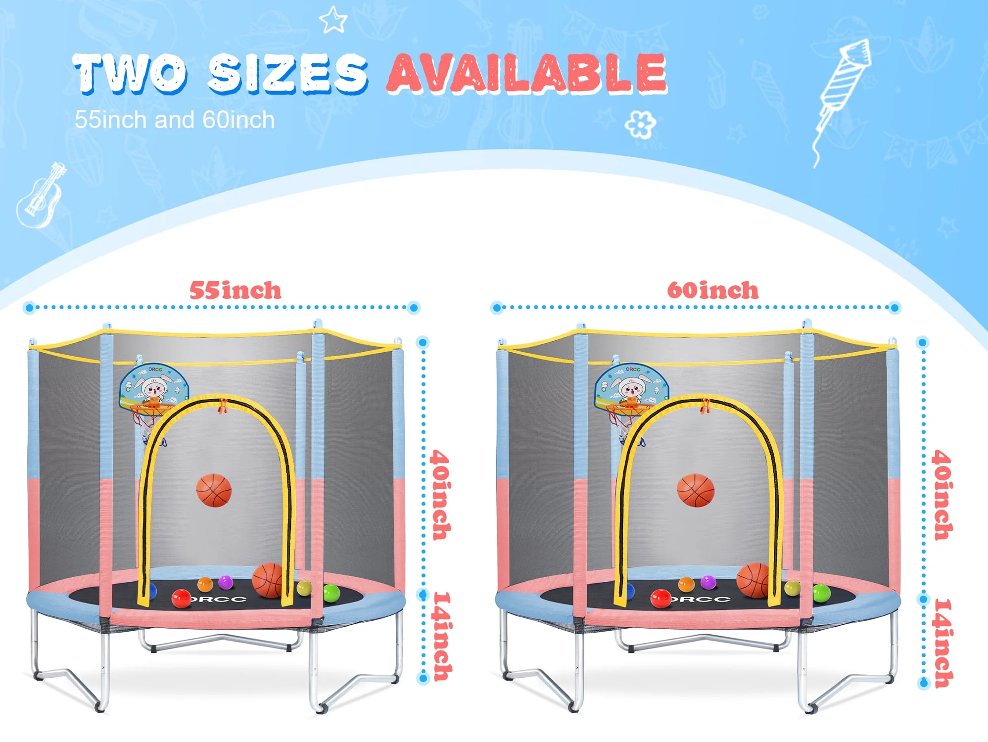 ORCC Kids Trampoline for Indoor and Outdoor,55/60 Toddler Trampoline with Safety Enclosure and Heavy-duty Steel Frame,Supports up to 220 Pounds