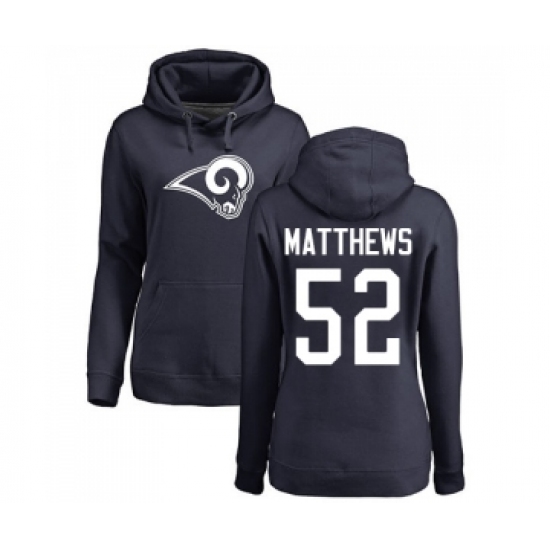 Football Women's Los Angeles Rams #52 Clay Matthews Navy Blue Name & Number Logo Pullover Hoodie