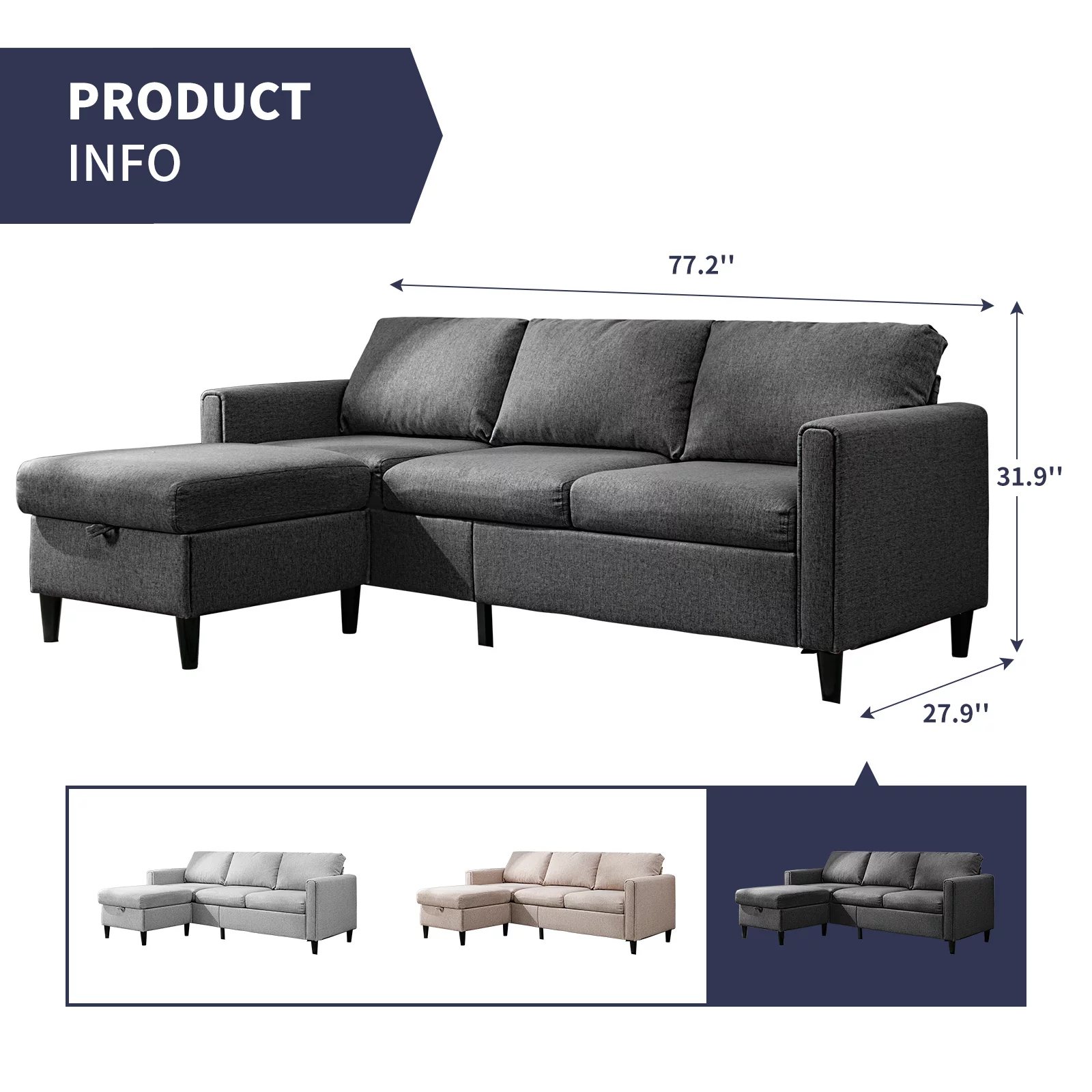 ZAFLY Sectional Sofa Couch, 3 Seat Sofa with Flexible Storage Ottoman, Modern L-Shape Linen Couches for Living Room/Office  - Dark Grey - Curated Treasures Market