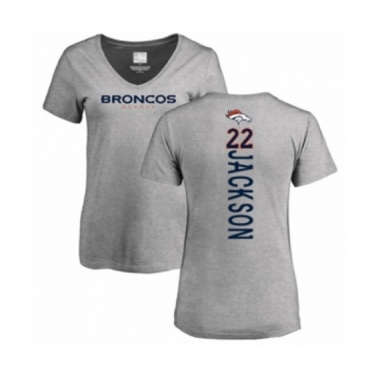 Football Women's Denver Broncos #22 Kareem Jackson Ash Backer V-Neck T-Shirt