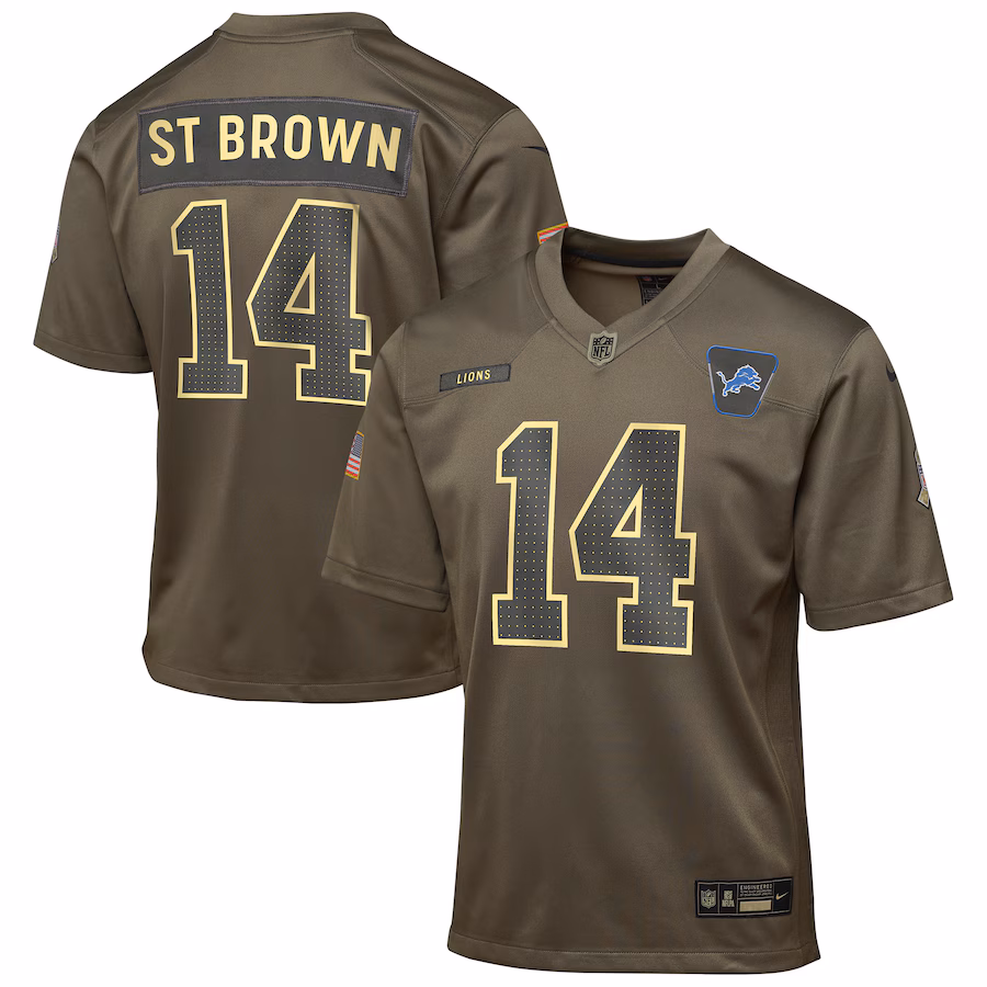 Youth Detroit Lions Amon-Ra St. Brown Nike Olive 2025 Salute to Service Game Jersey