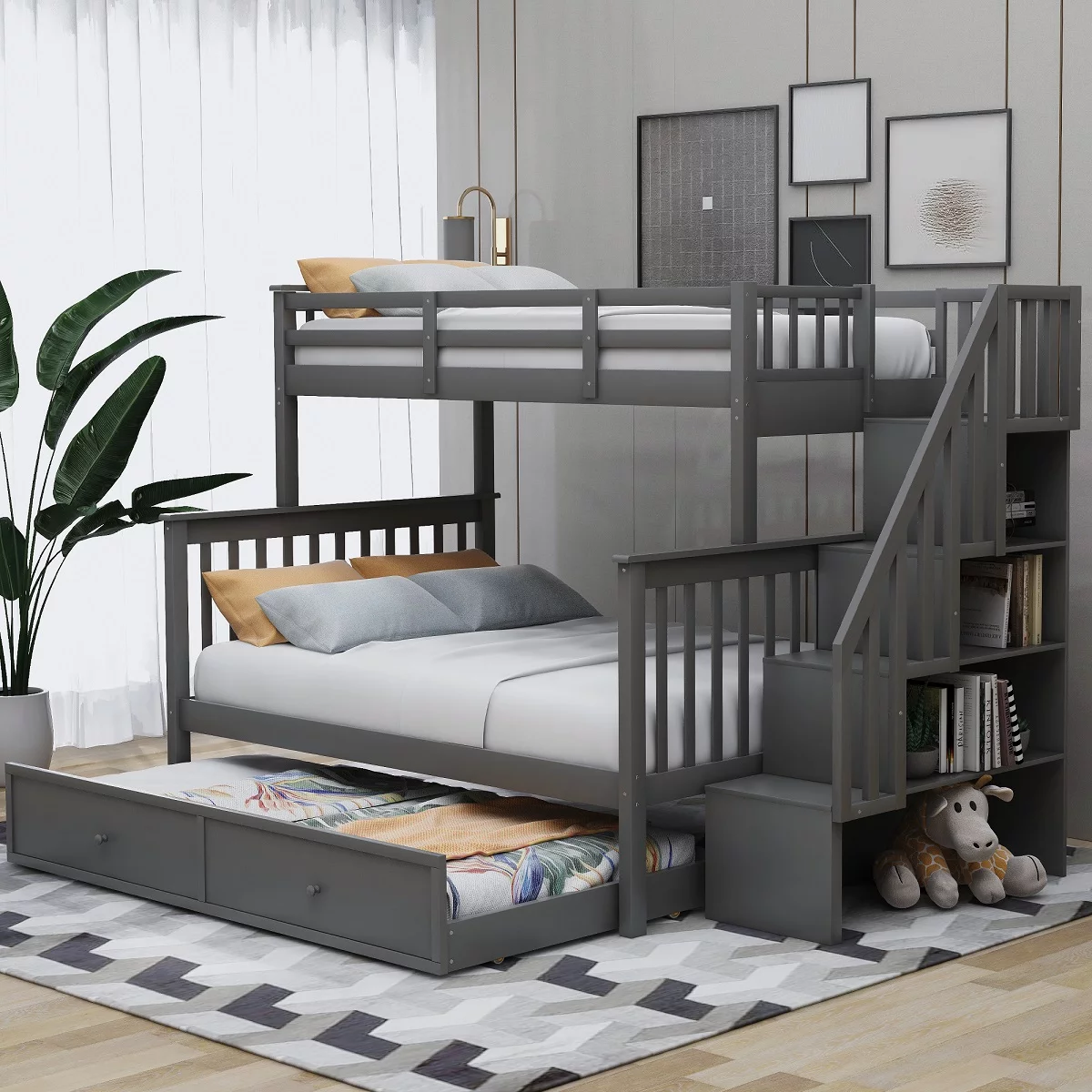 Stairway Solid Wood Twin Over Full Bunk Beds with Twin Size Trundle, Storage and Guard Rail Kids Bunk Beds - Curated Treasures Market