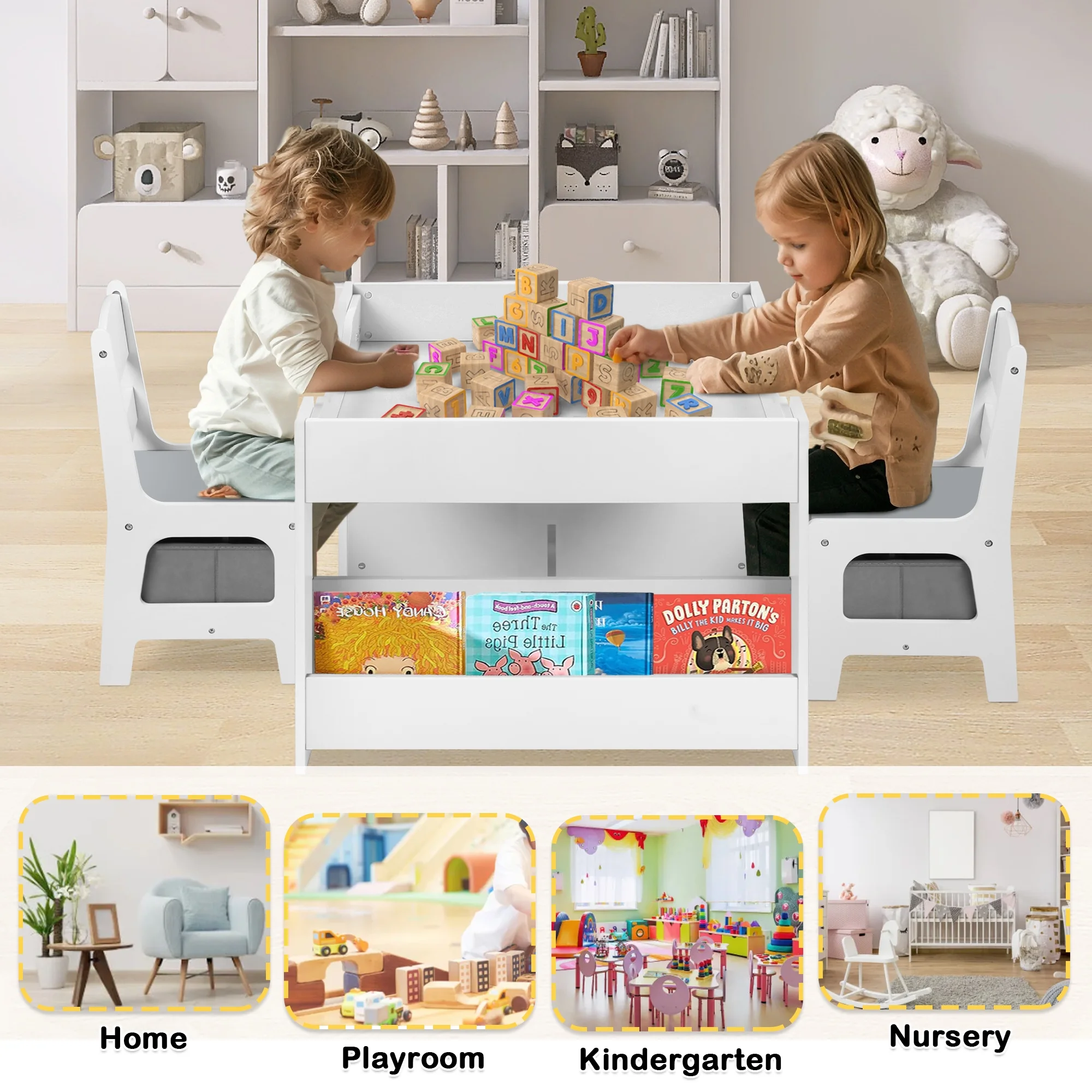 AILEEKISS 4 in 1 Kids Wood Table & 2 Chairs Set, Children Activity Table for Toddler w/Storage, Grey - Curated Treasures Market