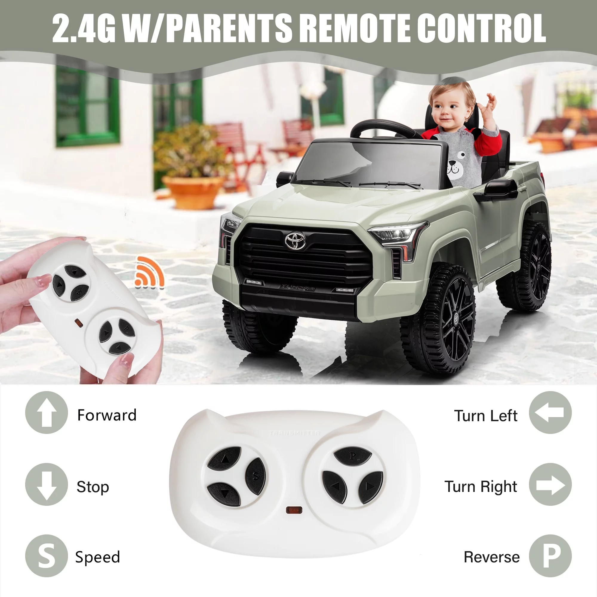 Toyota Tundra 12 V Powered Ride on Cars, Electric Pickup Truck Toys for Kids with Remote Control, 4 Wheels, Battery Powered, LED Light, MP3 Player, Green