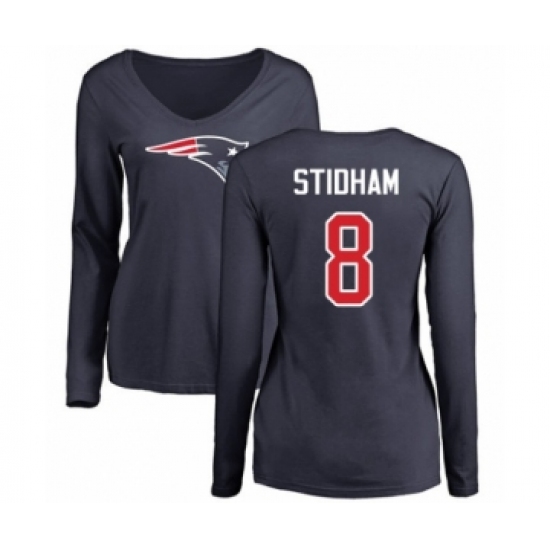 Football Women's New England Patriots #8 Jarrett Stidham Navy Blue Name & Number Logo Slim Fit Long Sleeve T-Shirt