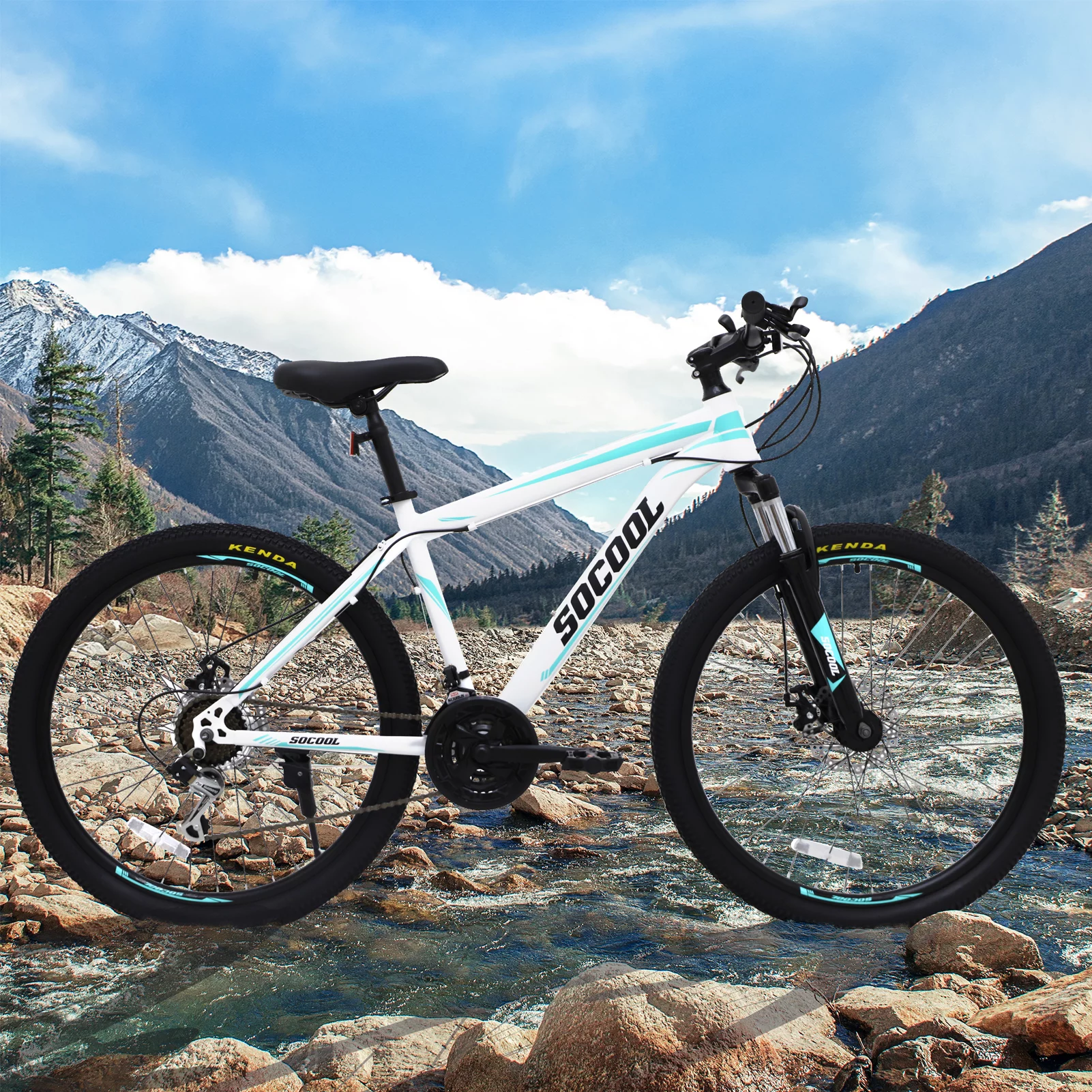SOCOOL Youth/Adult Mountain Bike, Aluminum and Steel Frame, 26-Inch Wheels, MTB Bicycle, Shimano 21 Speeds -White & Black & Blue, OL002BK - Curated Treasures Market