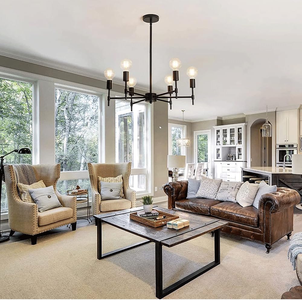 EAUSO American Retro 6 Heads Iron Chandelier Personalized Living Room Dining Room Kitchen Bedroom Study Candle Lighting Rustic Industrial Pendant Farmhouse Ceiling Light Matte Black E26 Socket