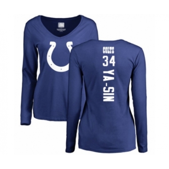 Football Women's Indianapolis Colts #34 Rock Ya-Sin Royal Blue Backer Long Sleeve T-Shirt
