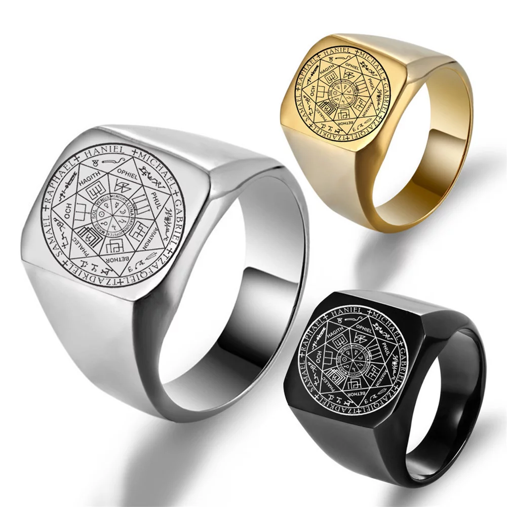 The Seals of The Seven Archangels Ring for Men,Protection Seal Solomon Kabbalah Signet Band Stainless Steel Polished Ring Amulet Jewelry for Him - Curated Treasures Market