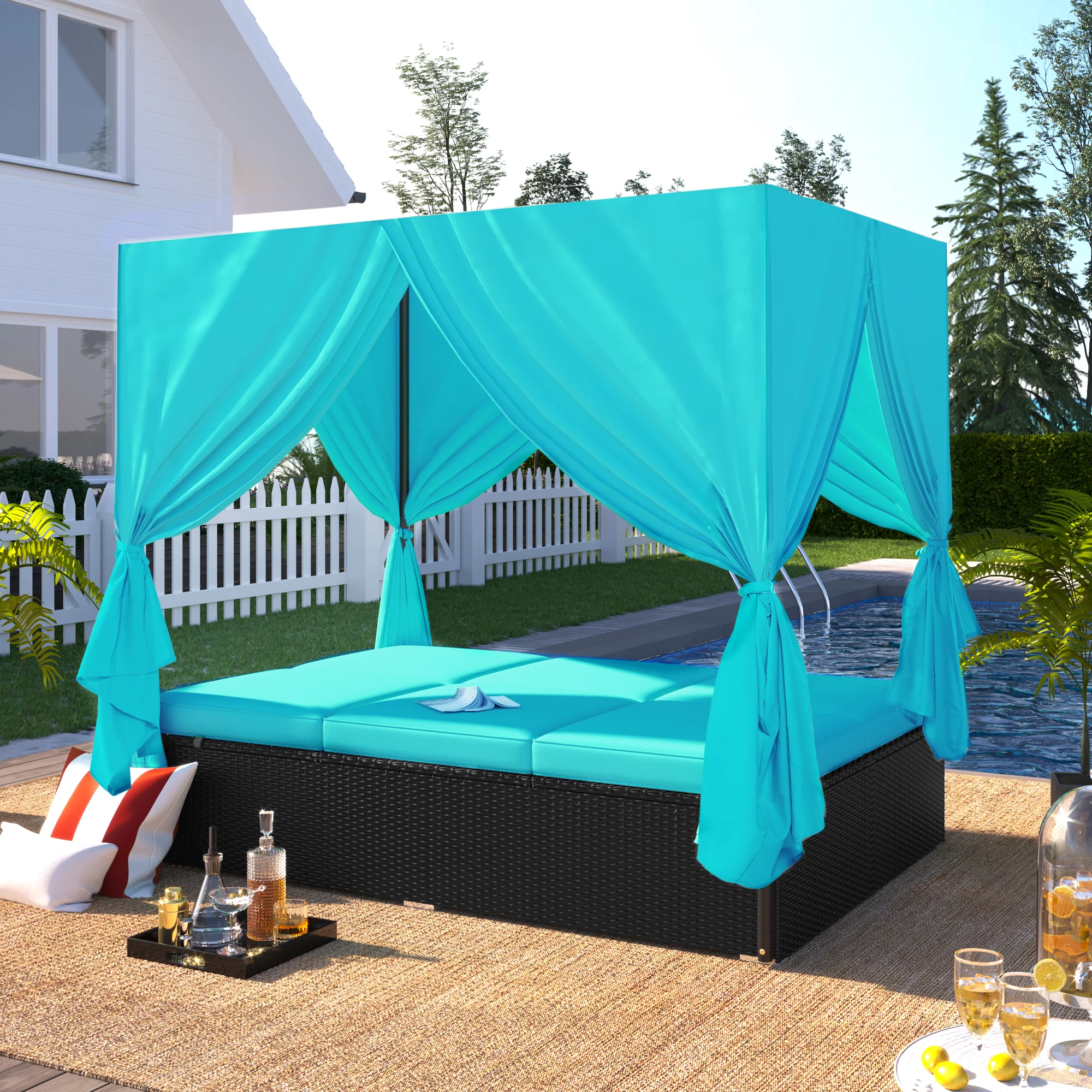 uhomepro Pool Furniture Outdoor Lawn Backyard Poolside Garden Rectangle Daybed, Outdoor Chaise Lounge with Canopy, Overhead Curtains, Cushions, Adjustable Seat, Blue - Curated Treasures Market