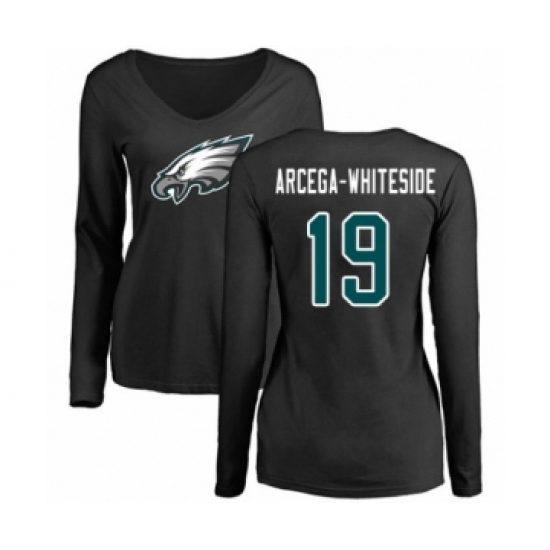 Women's Philadelphia Eagles #19 JJ Arcega-Whiteside Black Name & Number Logo Slim Fit Long Sleeve T-Shirt.