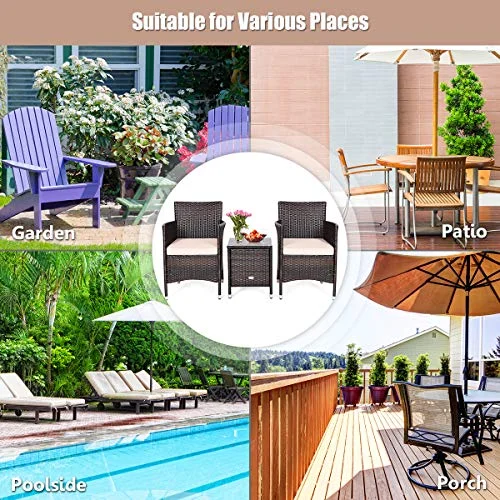 HAPPYGRILL 3-Pieces Patio Furniture Set Outdoor Wicker Rattan Conversation Set with Coffee Table Chairs & Thick Cushions Bistro Sets for Patio Garden Lawn Backyard Pool - Curated Treasures Market