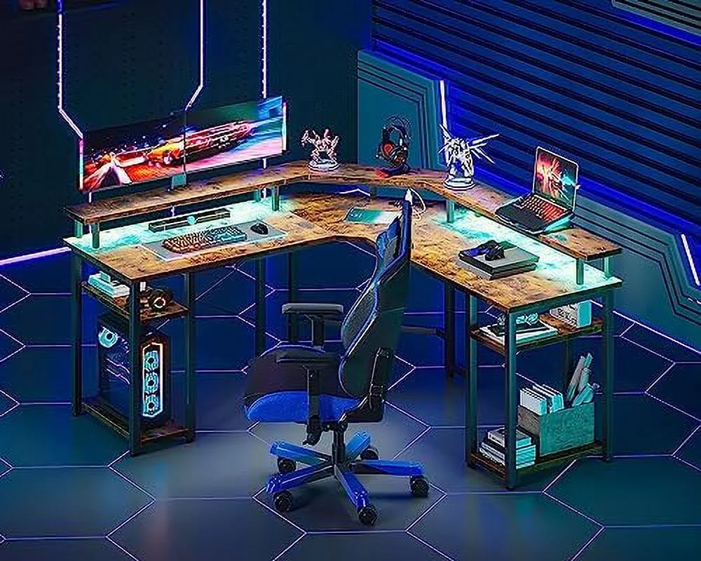 HBLUKDL L Shaped Gaming Desk with LED Lights & Power Outlets  Reversible 56" Computer Desk with Full Monitor Stand &  Shelves  Ergonomic Home Office Corner Desk  Black Carbon - Curated Treasures Market