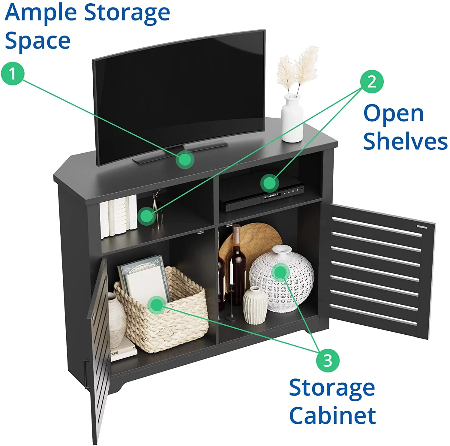 Cozy Castle Corner TV Stand for 50 Inch TV with Anti-Tilt Design, Corner Entertainment Center with Doors, Corner TV Cabinet for Bedroom, Living Room, Black - Curated Treasures Market