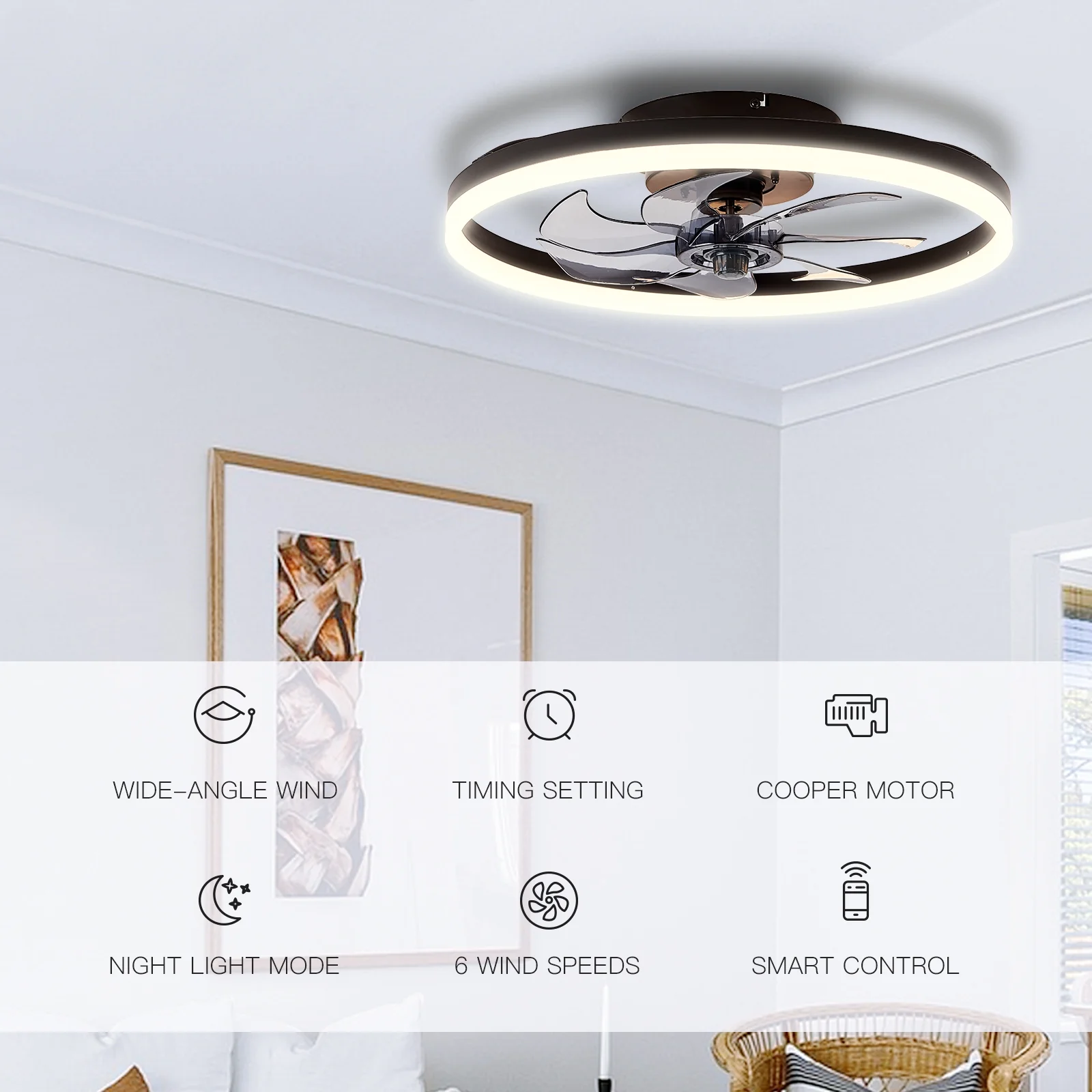 STERREN 20'' Modern Low Profile Ceiling Fan with Light, Bedroom LED Ceiling Fan with Remote Control, Bladeless Flush Mount Black Fan Lights Ceiling Fixtures for Living Room,Small Room - Curated Treasures Market