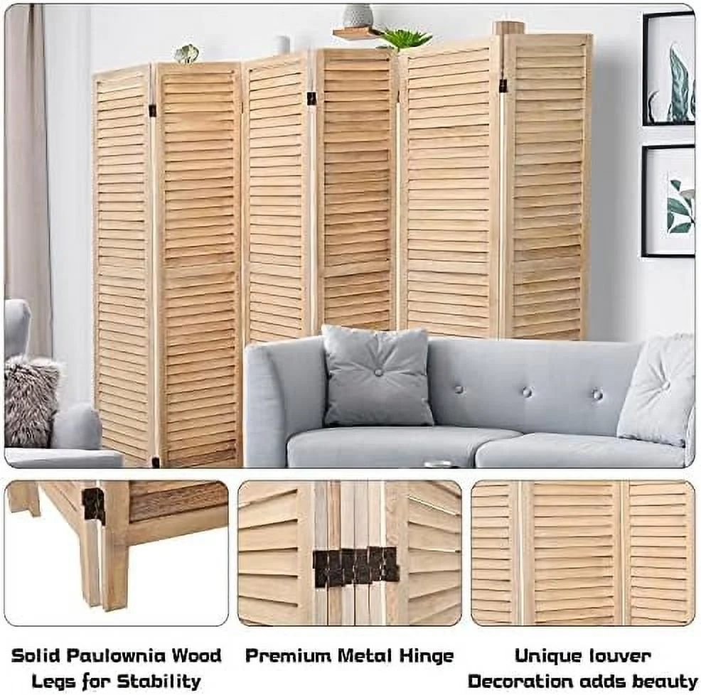 ZWNLKQG 6 Panel Wood Room Divider  Folding Room Divider Privacy Screen 5.6Ft Tall  Freestanding Louvered Divider Screen for Home Office Restaurant Bedroom(Brown) - Curated Treasures Market