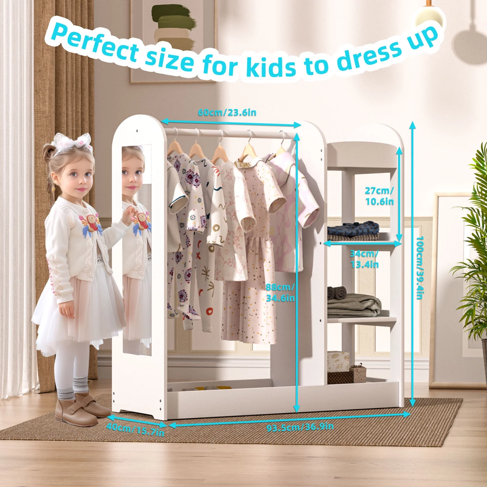 KORIMEFA Kids Dress up Storage with Mirror, Clothes Rack, 3-Tier Shelves, Bottom Tray, Pretend Play Costume Dresser Organizer Center, Open Hanging Armoire Closet for Little Girls - Curated Treasures Market