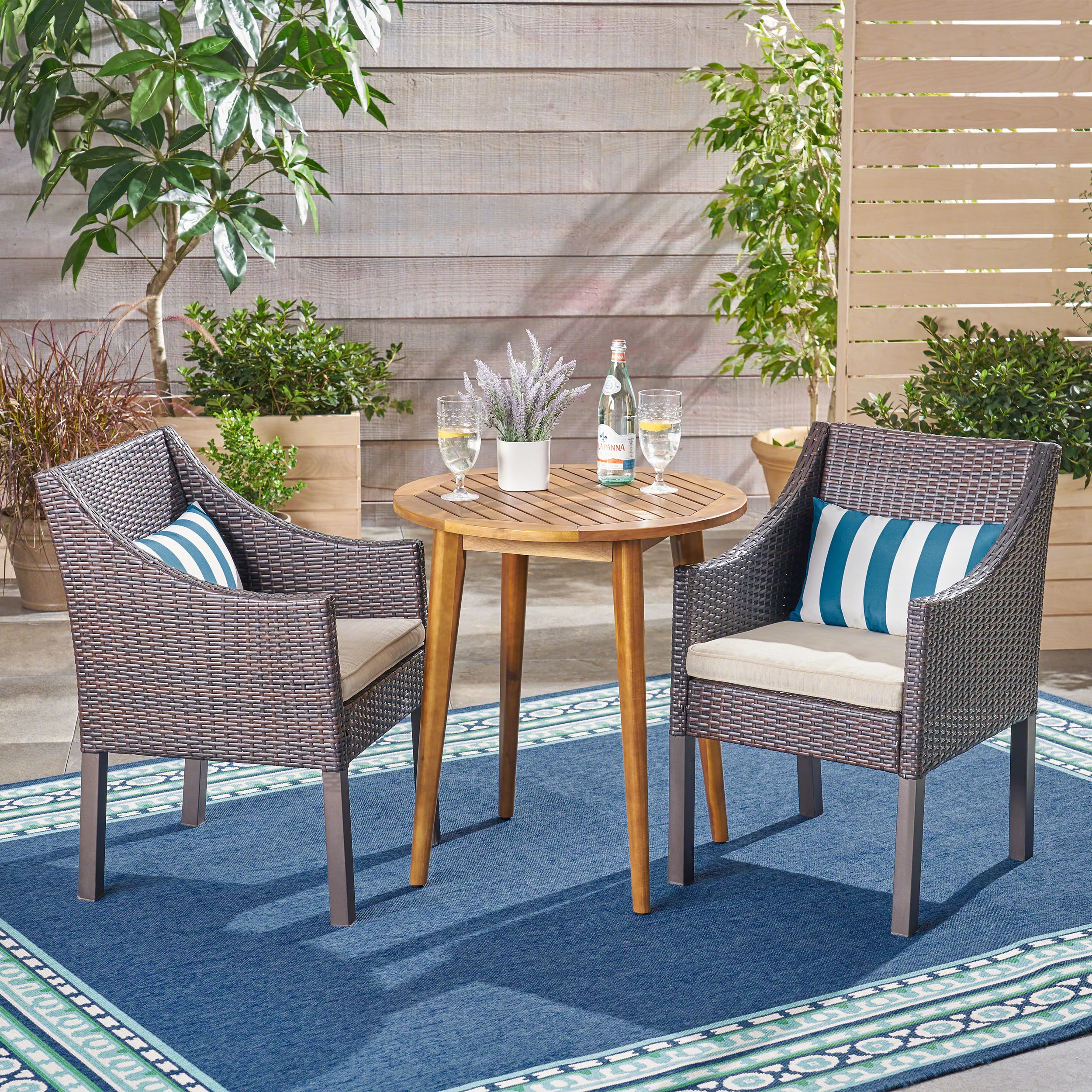 GDF Studio Everest Outdoor Acacia Wood and Wicker 3 Piece Bistro Set, Beige, Multibrown, and Teak - Curated Treasures Market