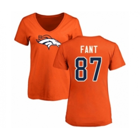 Football Women's Denver Broncos #87 Noah Fant Orange Name & Number Logo T-Shirt