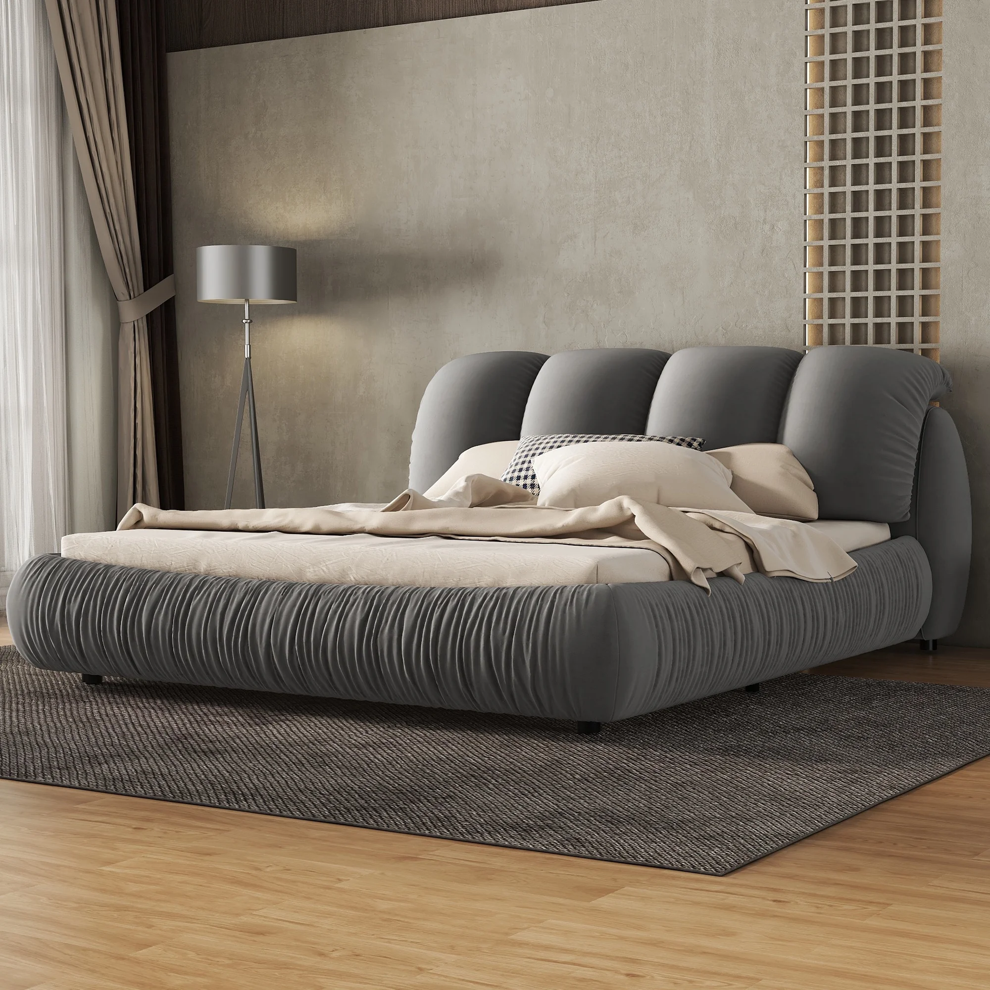 ONME Queen Size Luxury Upholstered Bed With Thick Headboard. Velvet Queen Bed with Oversized Padded Backrest. Gray