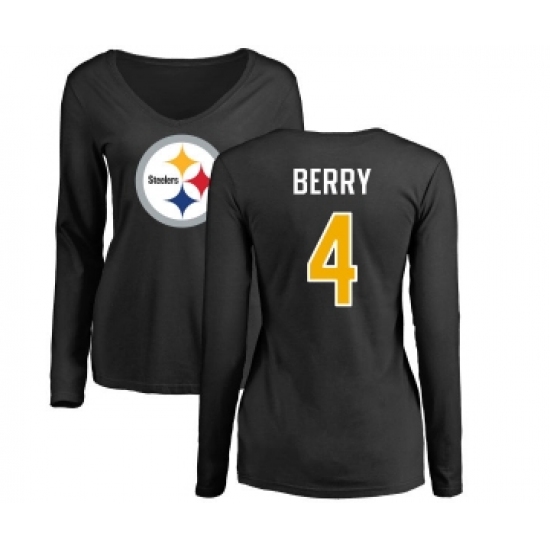 Football Women's Pittsburgh Steelers #4 Jordan Berry Black Name & Number Logo Slim Fit Long Sleeve T-Shirt