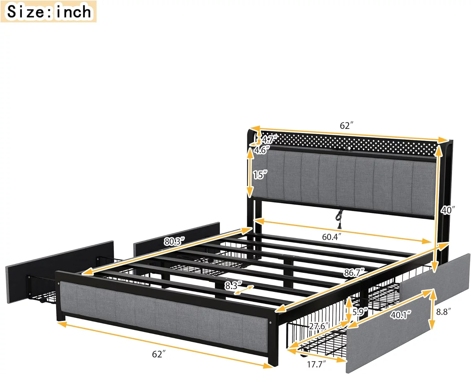 Queen LED Bed Frame With Storage Headboard. Upholstered Queen Size Platform Bed With 4 Drawers And USB Charging Station. Metal Bed Frame. Noise-Free.Light Grey