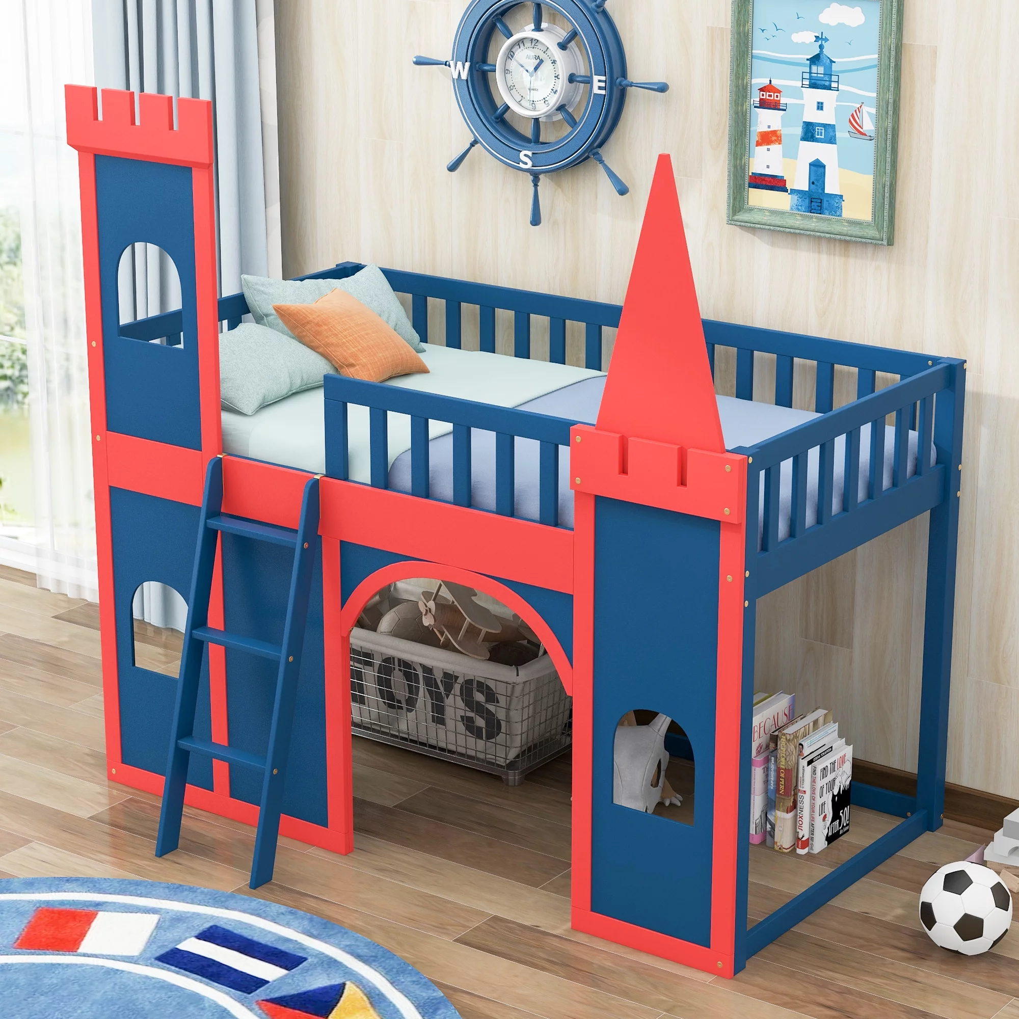 CoSoTower Twin Size Castle Shaped Loft Bed With Underbed Storage Space. Red