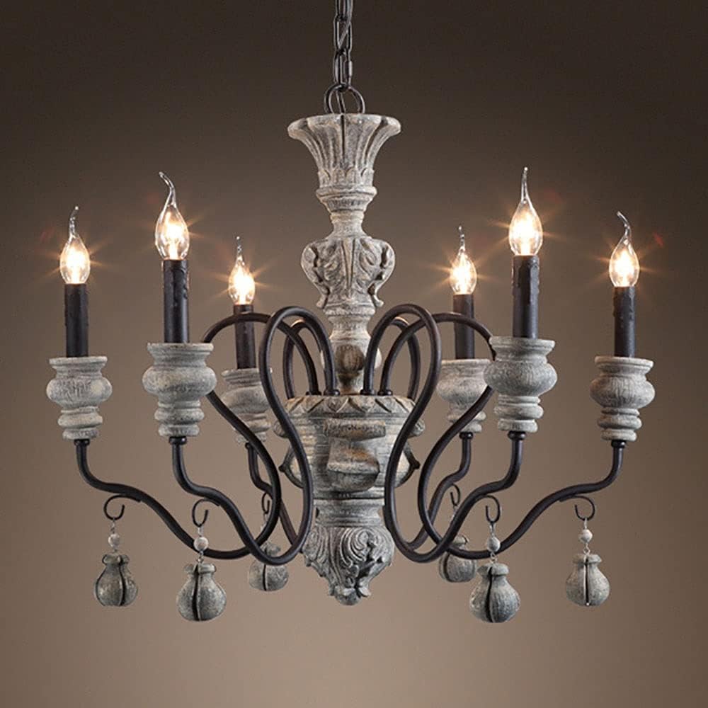 French Rustic Farmhouse Candle Chandelier, 6-Lights Chic Dining Room Lighting Hanging, Kitchen Island Light, Industrial Iron Chandeliers for Foyer, Living Room