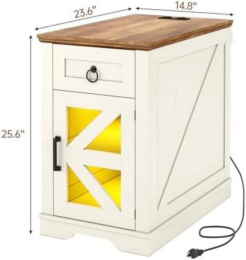 TQJKLFDY End Table  with LED Lights & Charging Station  Farmhouse Wooden Set 2  with Sliding Drawers  Narrow Nightstand with LED Lights for Bedroom  Living Room (White  2PCS) - Curated Treasures Market
