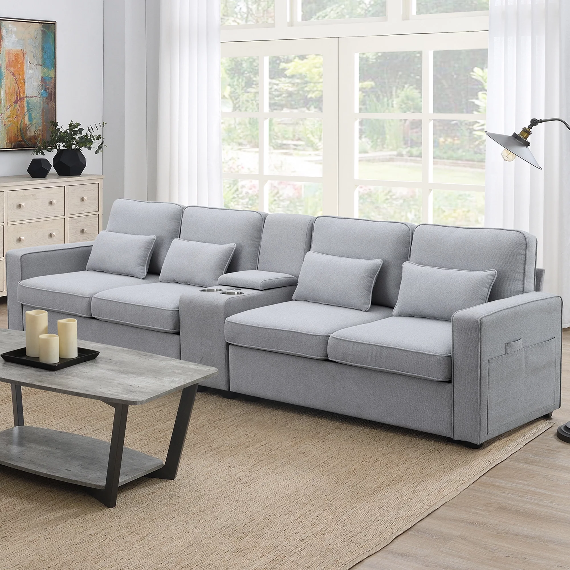 Modern 4 Seater Large Sofa with Console, Linen Fabric Upholstered Couch with USB Charging Ports Cup Holders for Living Room Office - Curated Treasures Market