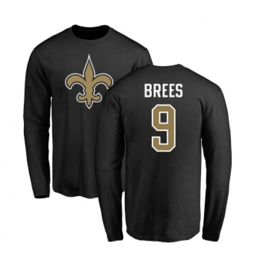 Football New Orleans Saints #9 Drew Brees Black Name & Number Logo Long Sleeve T-Shirt