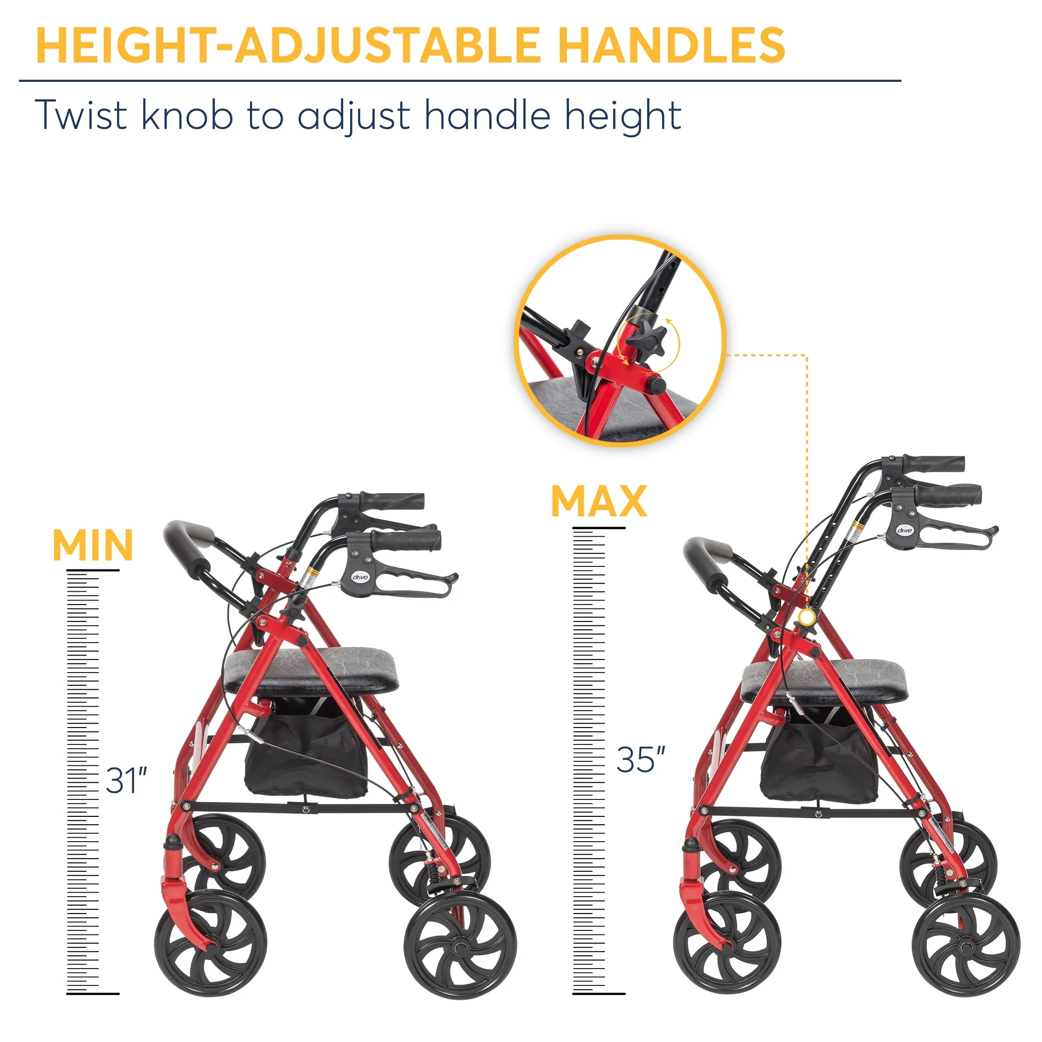 Drive Medical 10257RD-1 Durable 4-Wheel Rollator with 7.5 Casters, Red
