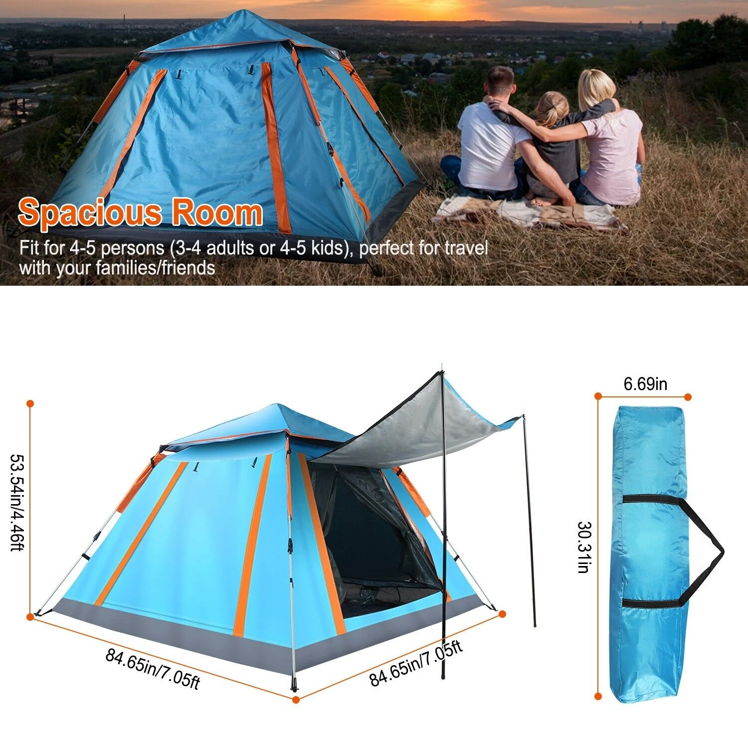 3-4 Person Tent Pop Up Outdoor Camping Auto Instant Open Family Tent Tourist Tent