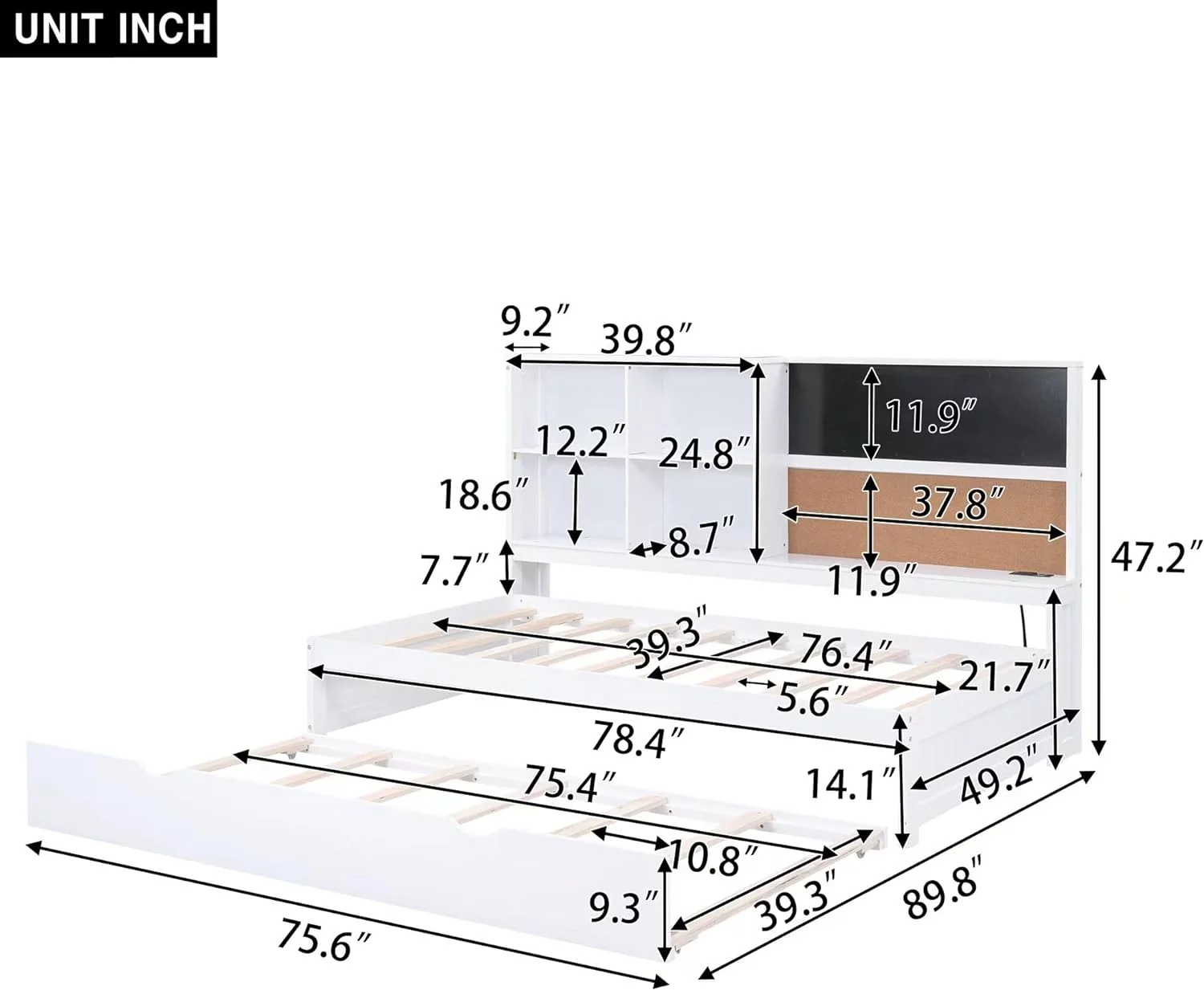 Daybed With Trudle Ad Storage Headboard. Size Daybed Frame With Chargig Statio Ad USB Port. Wood Platform Bed With Shelves. Blackboard. Cork Board. o Box Sprig eeded. White