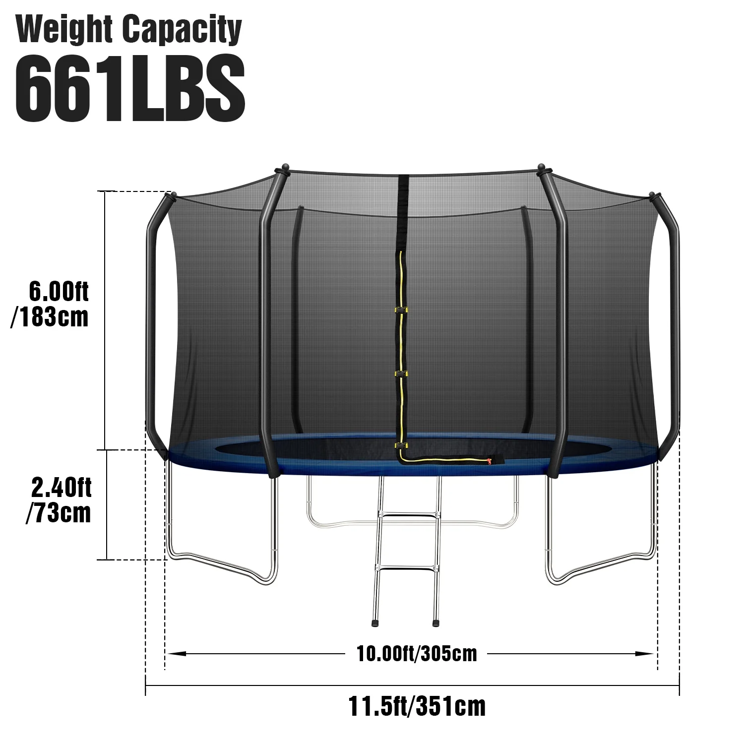 JINS&VICO 10FT Trampoline for Kids/Adult with 6FT Enclosure Net, 661LBS Capacity 3-4 Kids, High Waterproof Mat and Inclined Ladder, Outdooe/Indoor Park Kindergarten