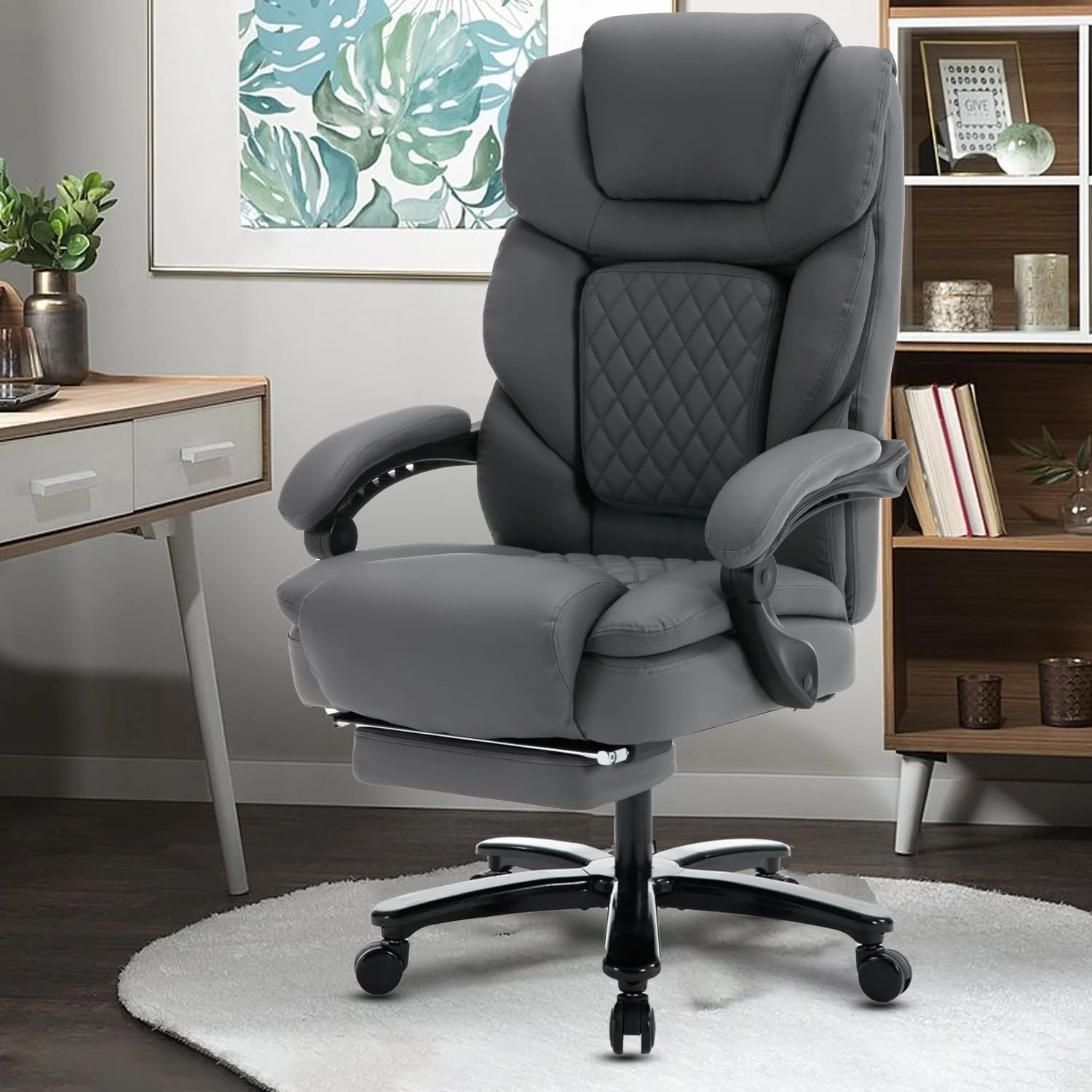 450lbs Big and Tall Reclining Office Chairs with Footrest & Lumbar Support, PU Leather Ergonomic Managerial Executive Chair with Wheels, Plus Size Recliner Desk Chair (Grey) - Curated Treasures Market